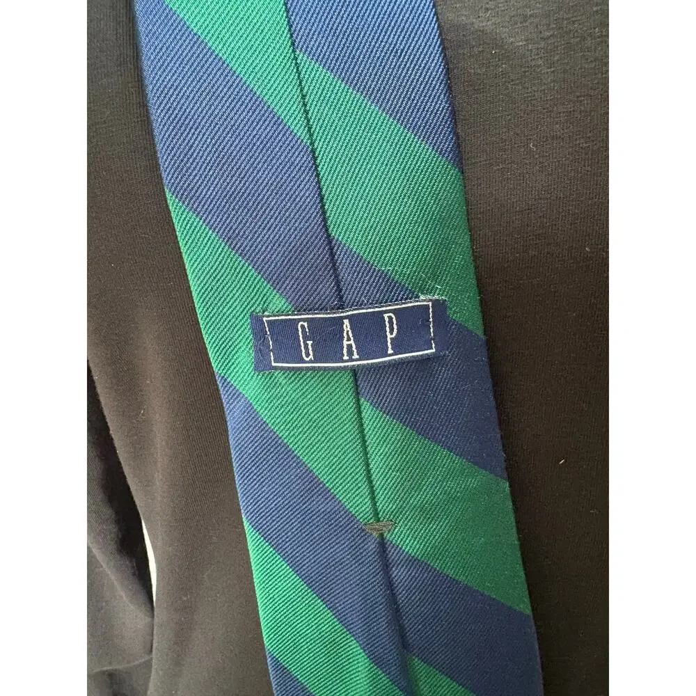 Pair Vintage GAP 100% Silk Made in USA prep school striped ties Navy Blue Green